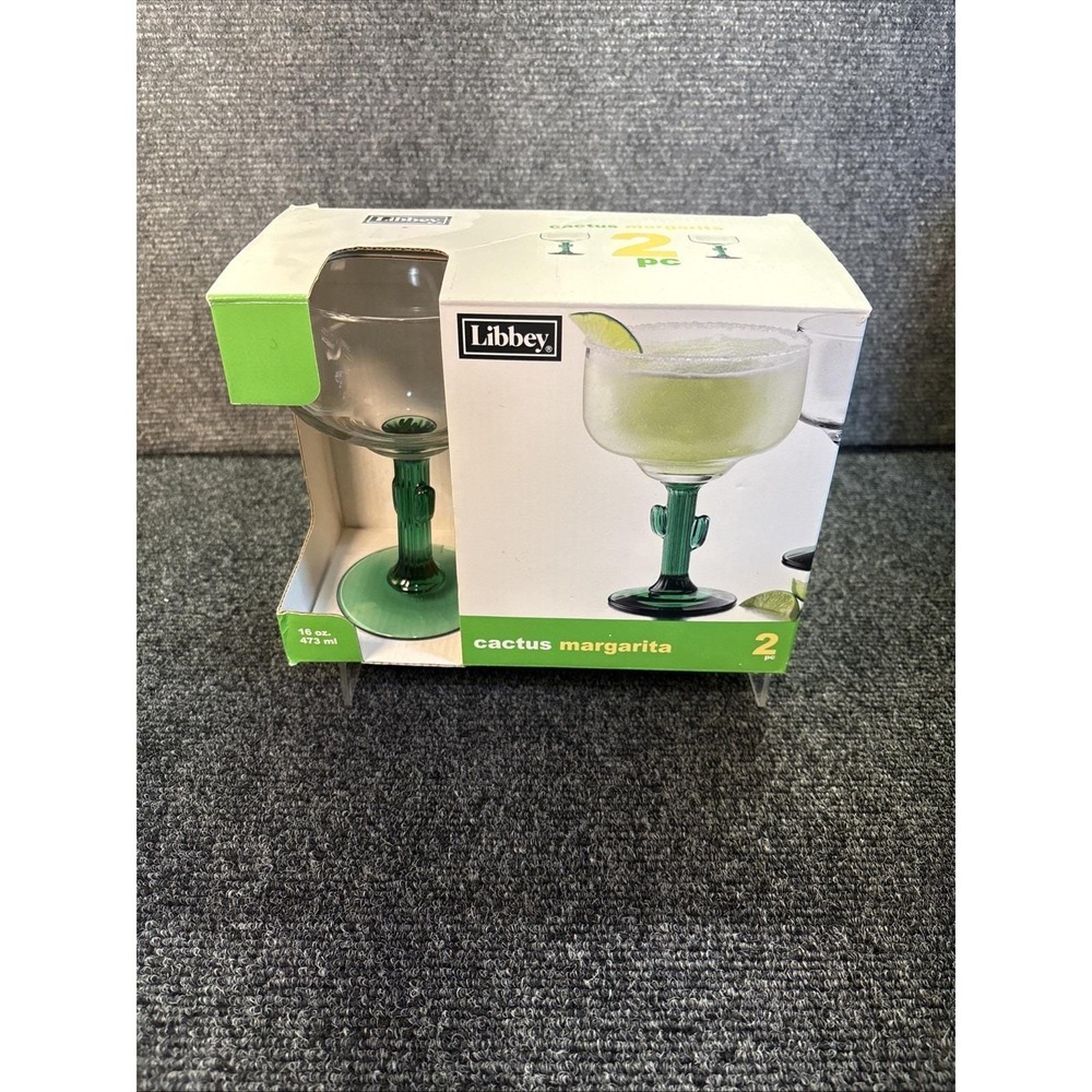 Libbey~Cactus Stem Margarita Glasses~16 oz~Green & Clear~Set Of 2~NOS